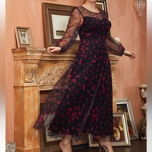 Elegant Black and Red Leaf Pattern Dress